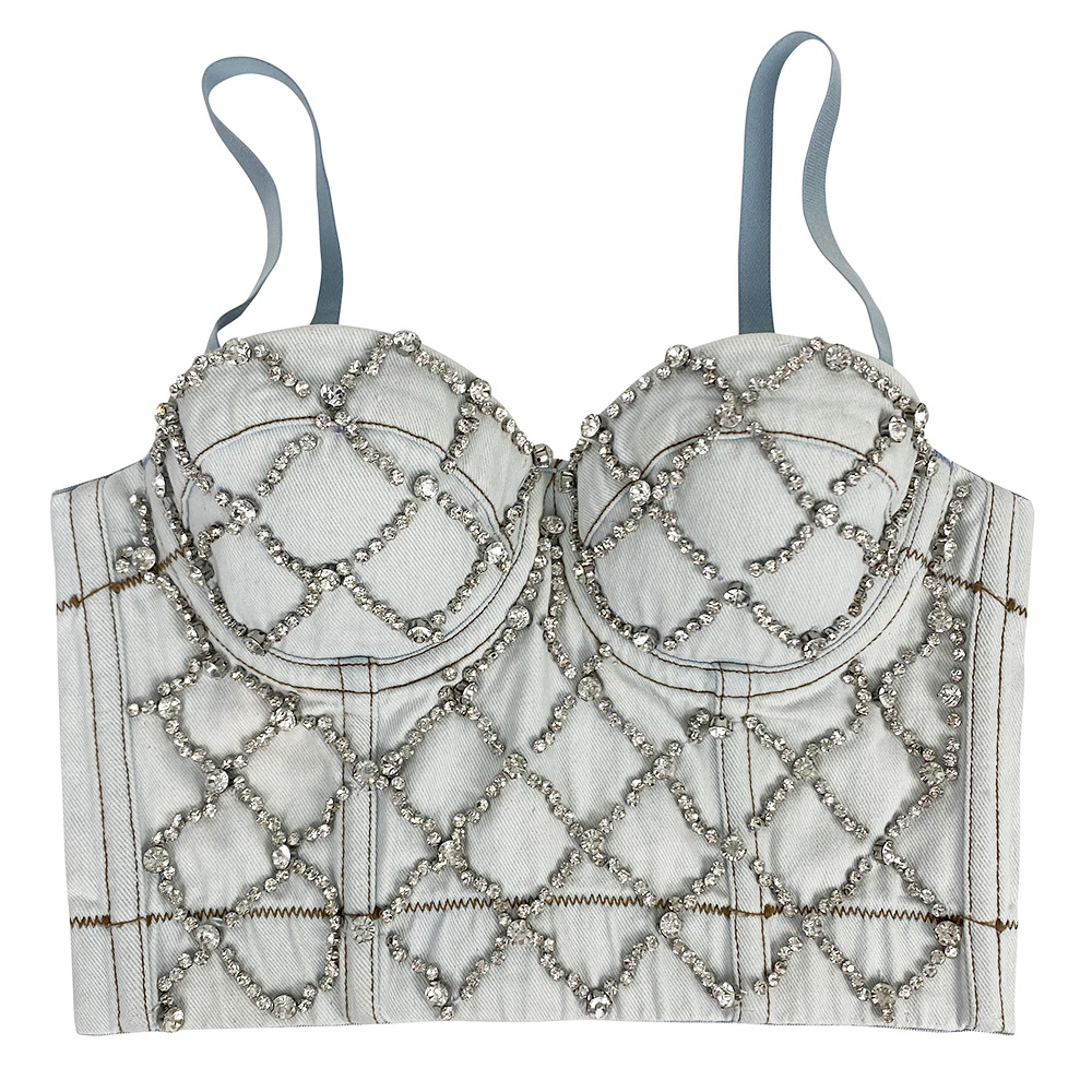 Women Fashion Rhinestone Denim Camisole Corset