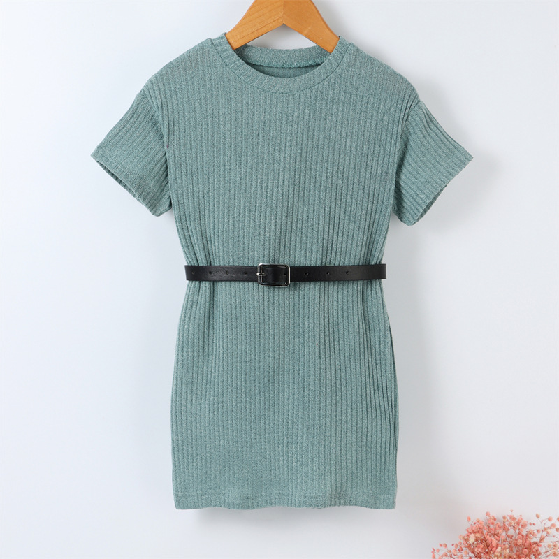 Children Kids Baby Fashion Girls Casual Short Sleeve Solid Color Round Neck Dress