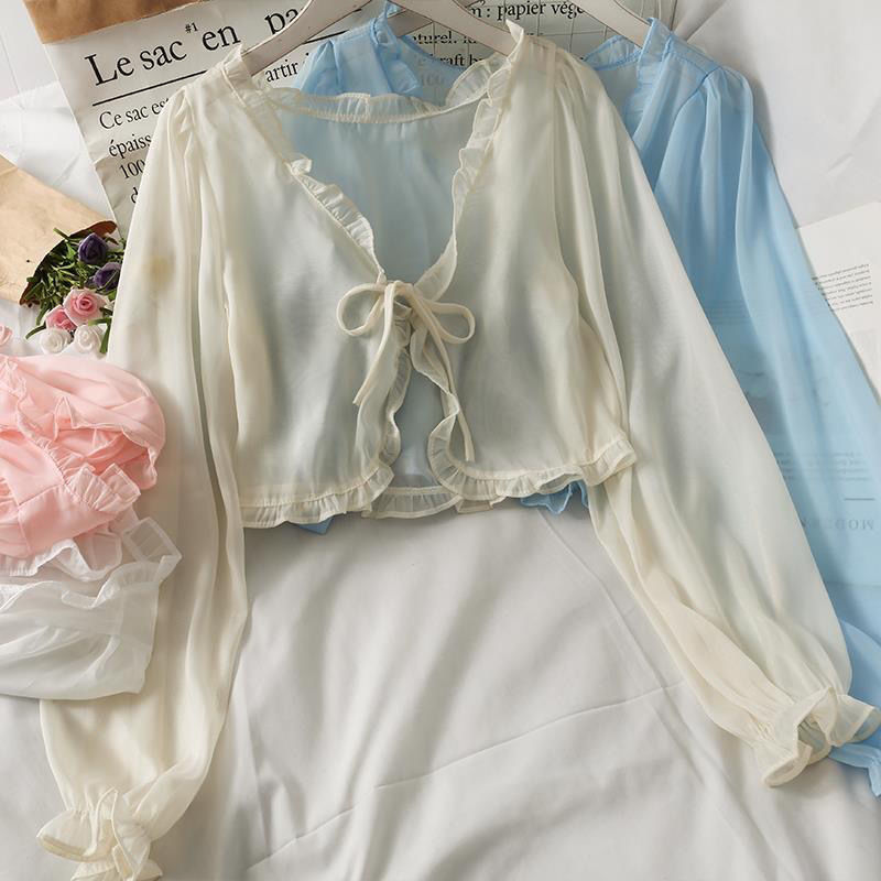 Summer Loose Long-Sleeved Women Short Bow Tie Vacation Chiffon Shirt
