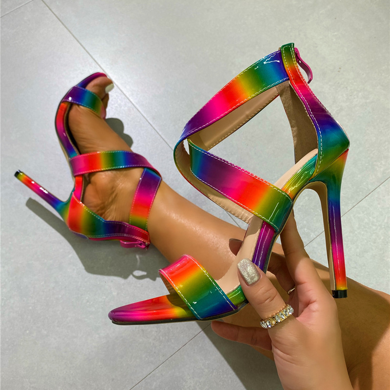 Plus Size Women Fashion Rainbow Colorblock Cross Strap Stiletto Sandals