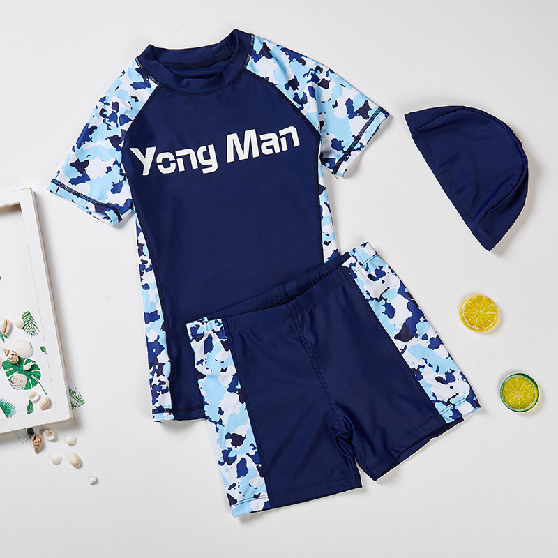 Kids Boys Casual Round Neck Short Sleeve Camouflage Top And Elastic Bottom With Cap Swimsuit Three Pieces Set