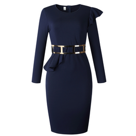 Fashion Round Collar Long-Sleeve Stringy Selvedge Belted Slim