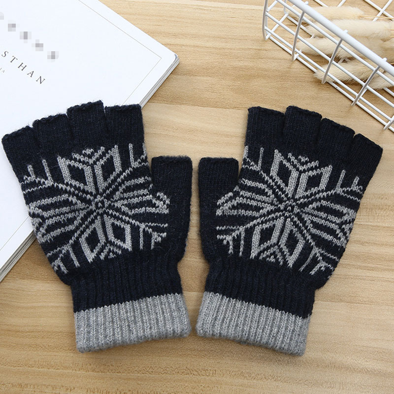 Men Winter Snowflake Pattern Warm Fingerless Knit Gloves