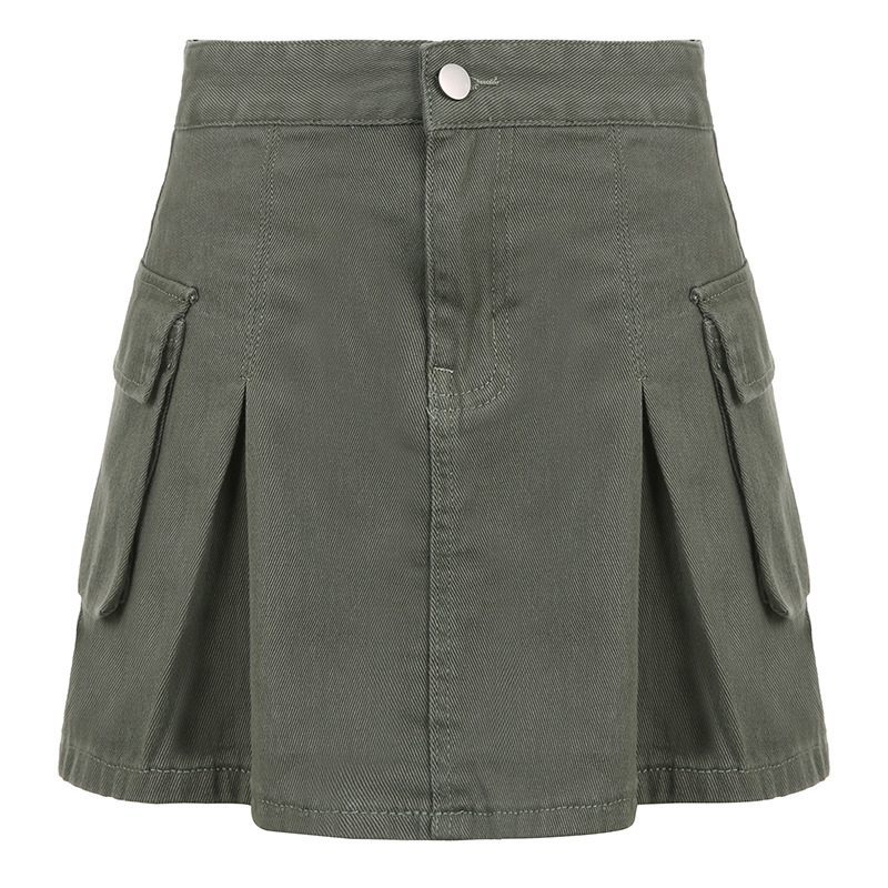 Women Denim Solid Color High Waist Pocket Pleated Skirt