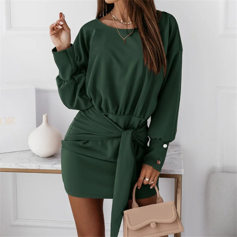 Women Elegant Casual Solid Color Long-Sleeved Round Neck Knotted Dress
