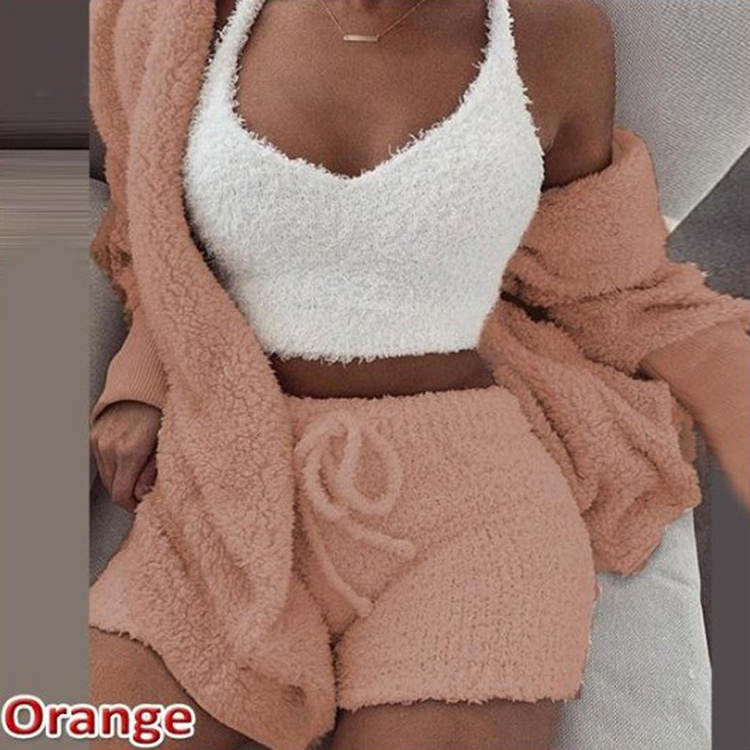 S-3XL 3 Pcs/Sets Solid Tank Top Long-Sleeve Coat And Shorts Plush Set