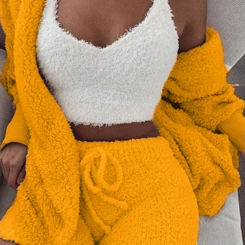 S-3XL 3 Pcs/Sets Solid Tank Top Long-Sleeve Coat And Shorts Plush Set