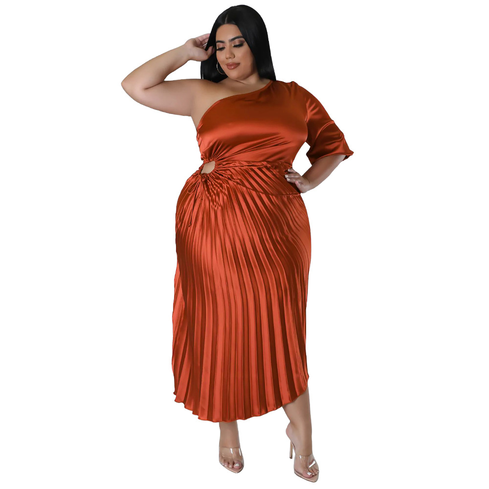 Women Fashion Oblique Shoulder Drawstring Pleated Dress