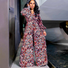 Women Printed Long-Sleeved Waist Wide-Leg Fashion Jumpsuit