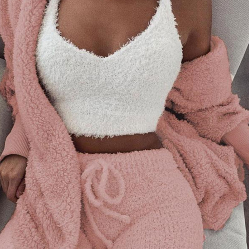 S-3XL 3 Pcs/Sets Solid Tank Top Long-Sleeve Coat And Shorts Plush Set