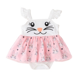 Toddlers Newborn Baby Fashion Girls Ruffle Sleeve Patchwork Rabbit Bodysuit