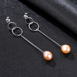 Simple Long Length Design Women Sterling Silver Natural Pearl Earrings