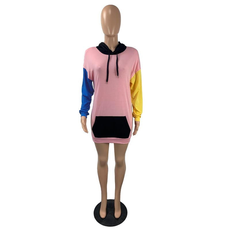 Women Casual Color Blocking Hooded Dress