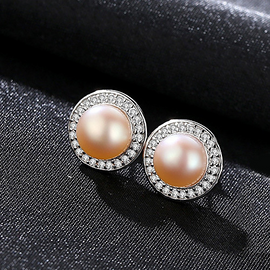 Women Luxury Zircon Natural Freshwater Pearl Silver Stud Earrings