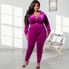 Plus Size Women Solid Color Hooded Long Sleeve Zipper Top And High Waist Pants Two-Piece Set