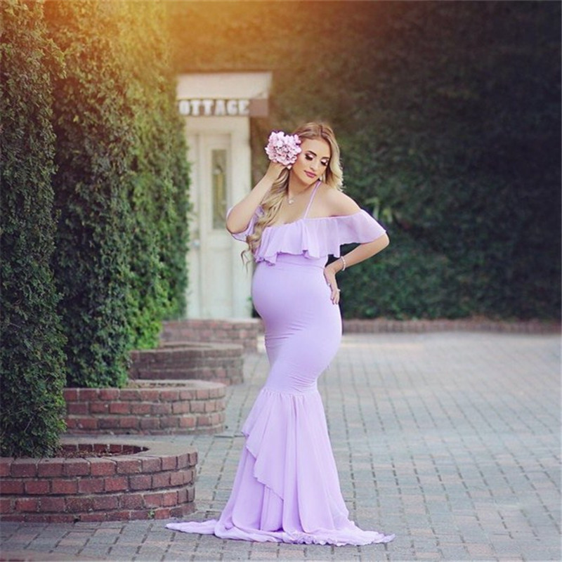Women Fashion Solid Color Strap Ruffled Maternity Dresses