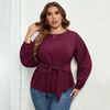 Fashion Women Casual Solid Color V-Neck Long-Sleeved Bowknot Round Neck Pullover Blouse