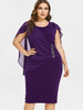 Women Plus Size Round Neck Short-Sleeved Chiffon Shawl Elegant Asymmetric Solid Midi Dress