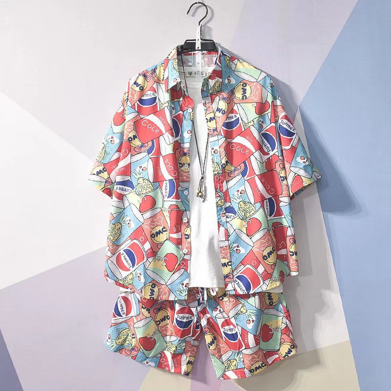 Men Fashion Retro Loose Printed Short Sleeve Shirt And Shorts Two-Piece Set