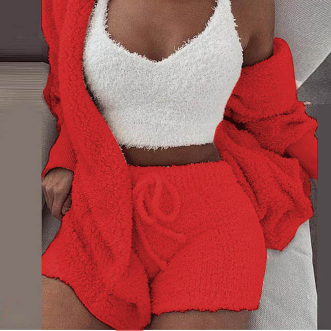 S-3XL 3 Pcs/Sets Solid Tank Top Long-Sleeve Coat And Shorts Plush Set