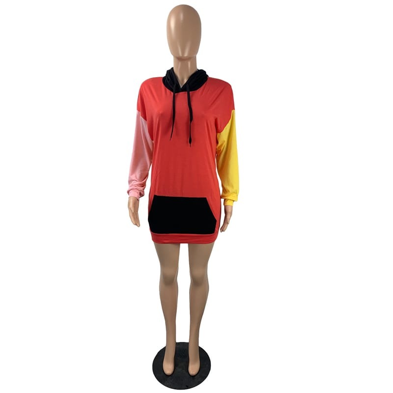 Women Casual Color Blocking Hooded Dress