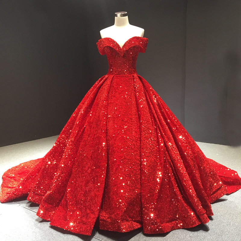 Women Elegant Vintage Off-The-Shoulder Sequins Sweep Length Wedding Evening Dress