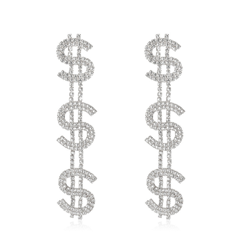 Creative Dollar Chain Design Full Rhinestone Dangle Earrings