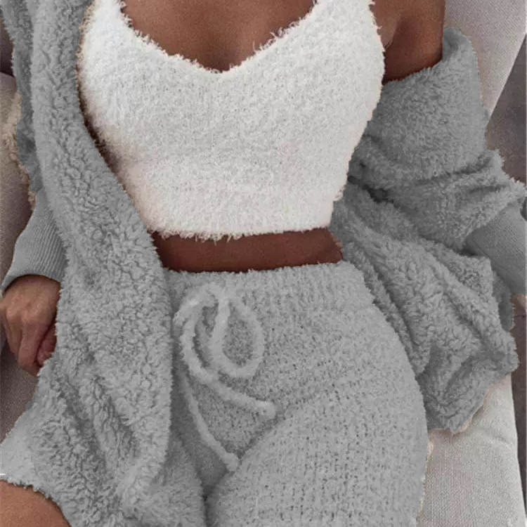 S-3XL 3 Pcs/Sets Solid Tank Top Long-Sleeve Coat And Shorts Plush Set