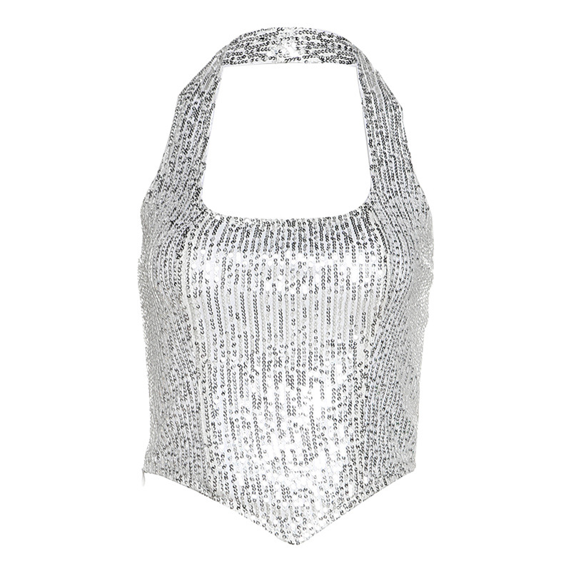 Fashion Women Sexy Edgy Halter Neck Backless Sequined Crop Top
