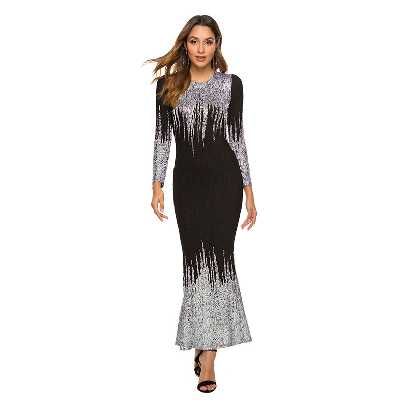 Fashion Sequins Round Collar Long-Sleeve Slim Maxi Dress