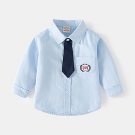 Children Kids Toddlers Fashion Boys Long Sleeve Embroidery Tie Shirt