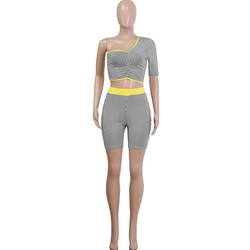 Women Fashion Striped One-Shoulder Crop Top And Tight Shorts Sports Two-Piece Sets