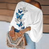 Women Plus Size Elegant Irregular Oblique-Shoulder Pullover Butterfly Feather Printed Loose Blouse