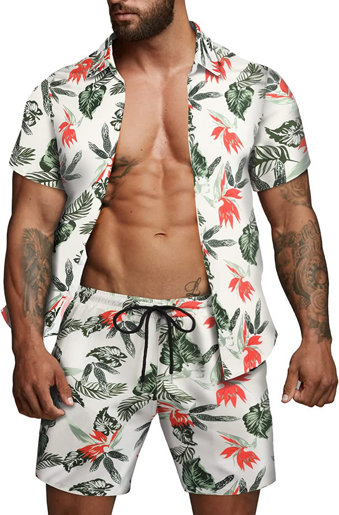 Men Fashion Leaf Print Short Sleeve Shirt And Shorts Two-Piece Set