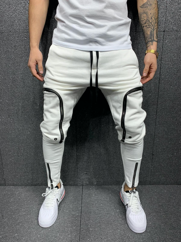 Men Fashion Zipper Patch Pockets Slim Fit Pants