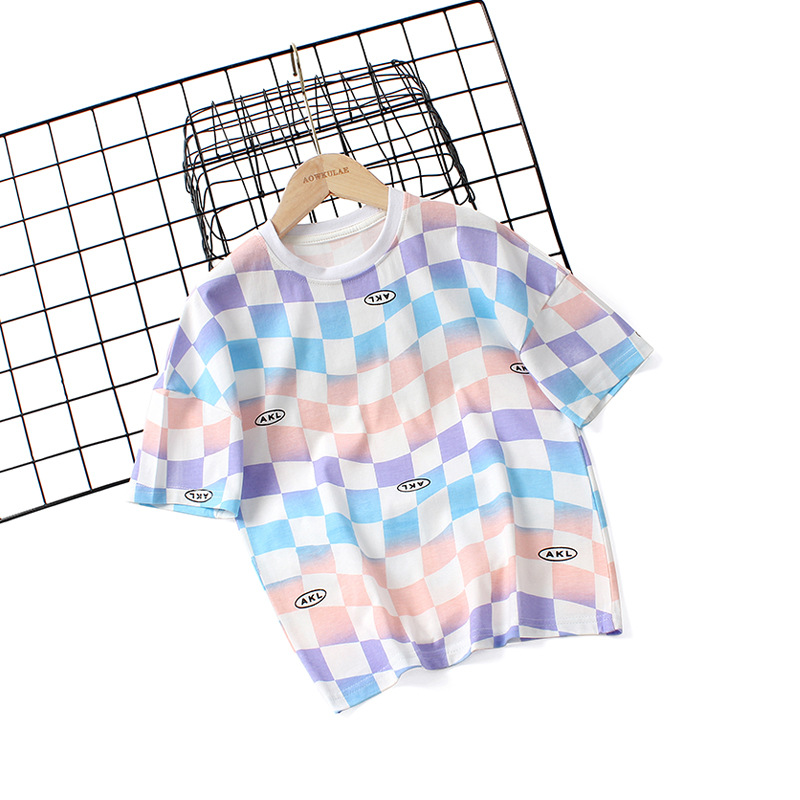 Kids Boys Casual Round Neck Short Sleeve Plaid All Over Print Loose T-Shirt