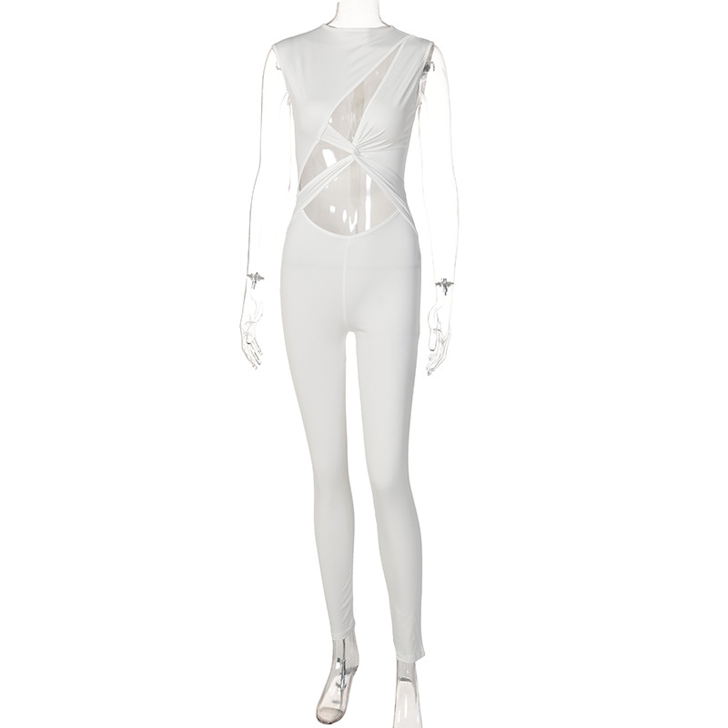 Summer Women Solid Color Sleeveless Hollow Sports Fitness Jumpsuit