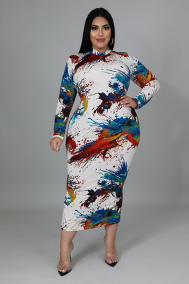 Plus Size Women Tie Dye Print Half Zipper Long Sleeve Maxi Dress