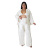 Plus Size Women Solid Color Lapel Long-Sleeved Top And Bra And Wide-Leg Pants Loose Casual Three-Piece Set