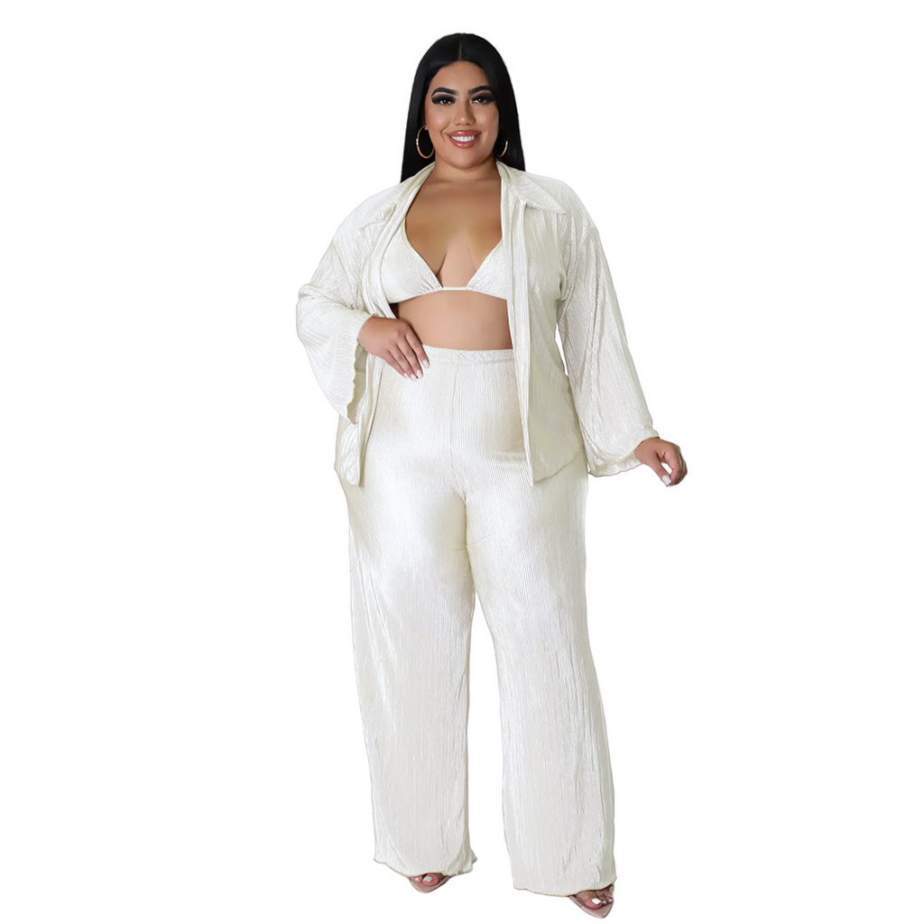 Plus Size Women Solid Color Lapel Long-Sleeved Top And Bra And Wide-Leg Pants Loose Casual Three-Piece Set
