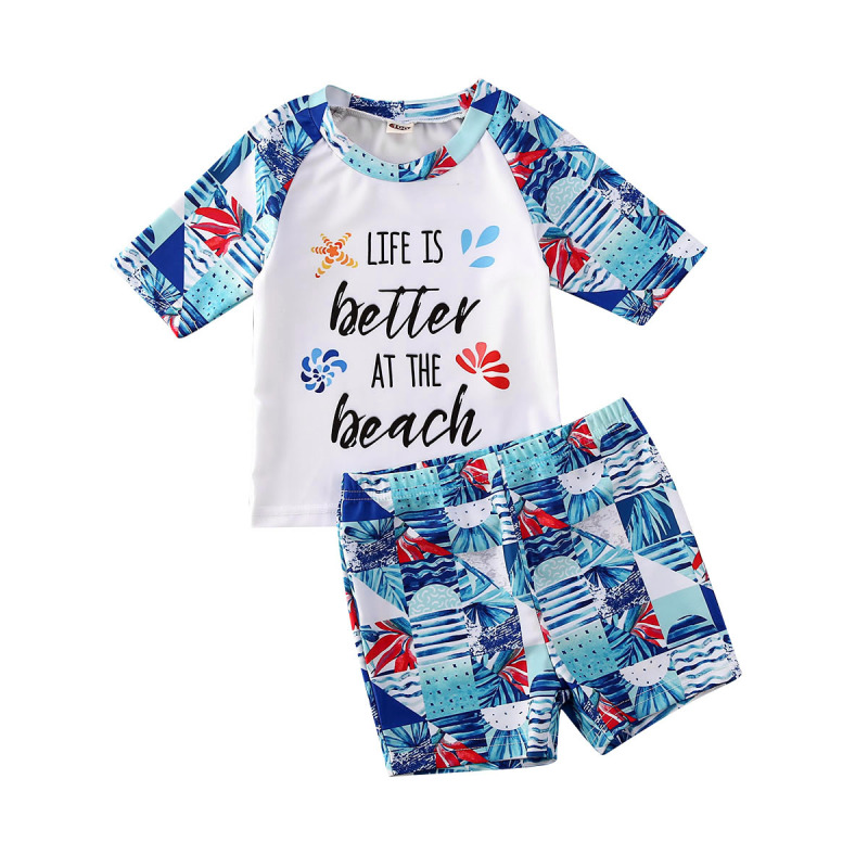 Children Kids Baby Fashion Boys Letter Print Short-Sleeved And Shorts Swimsuit 2pcs Set