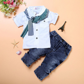 Fashion Kid Boy Shirts And Demin Jeans With Scarf 3 Pcs Set