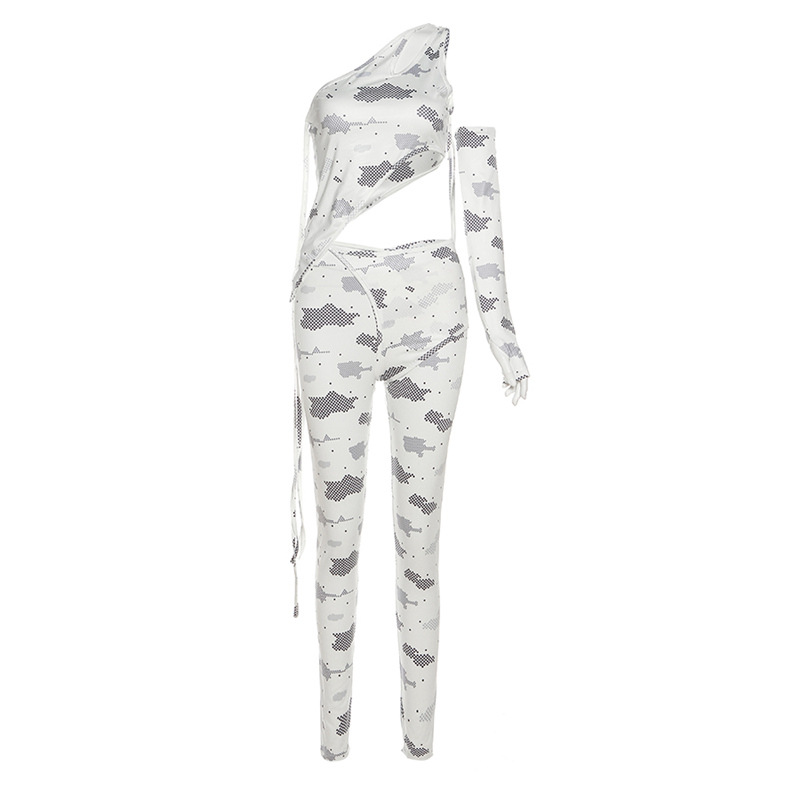 Women Irregular Slim Top+High Waist Pants Fashion Printed Two Pieces Set
