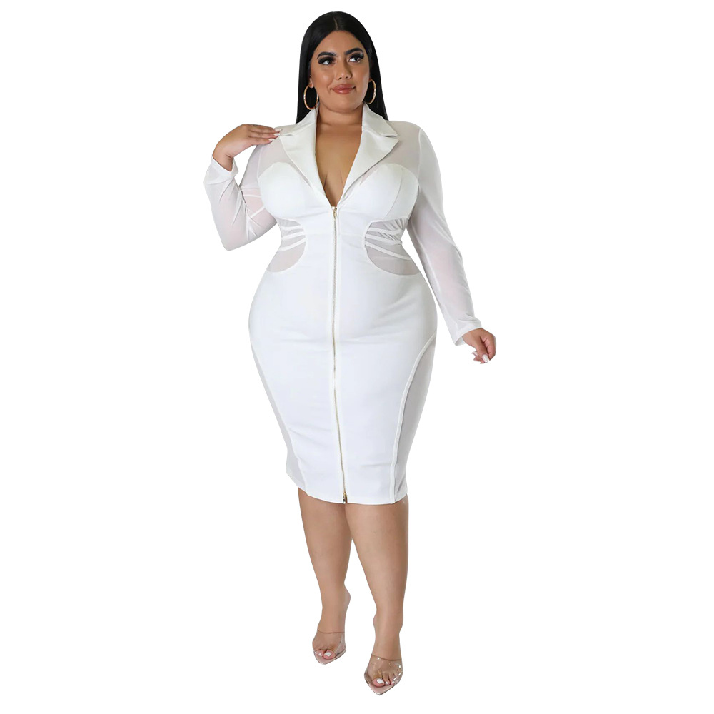 Women'S Lapel Collar Solid Color Zipper Mesh Stitching Dress