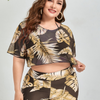 Plus Size Mesh Three-Piece Bikini Long-Sleeved Leaf Print Swimsuit