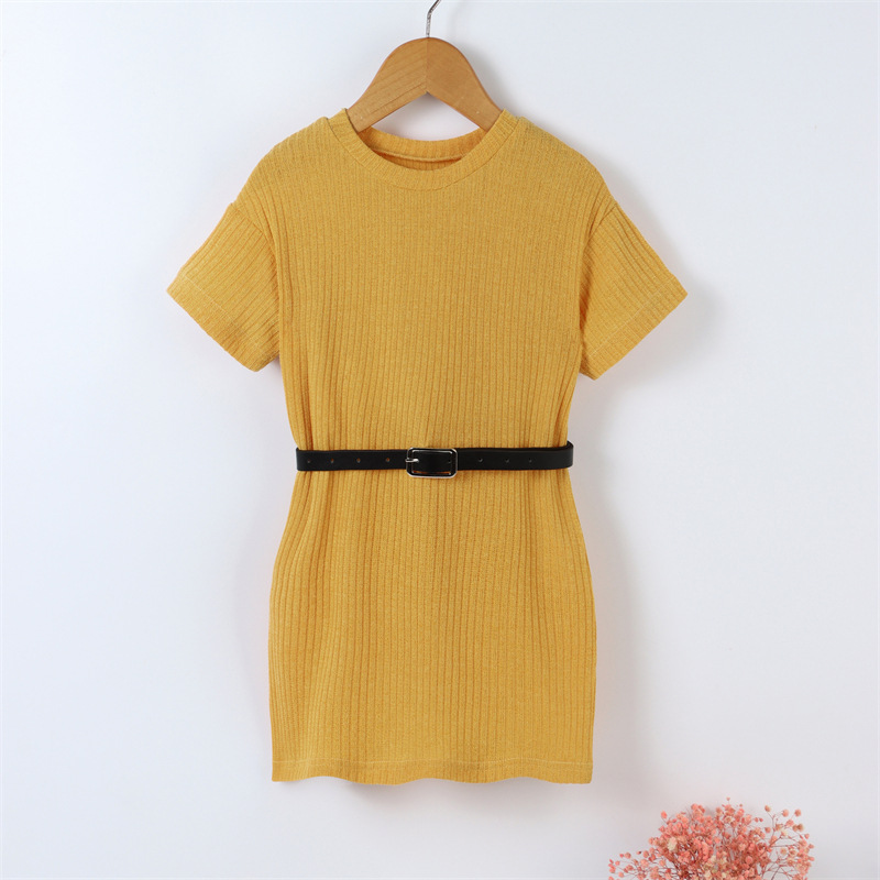 Children Kids Baby Fashion Girls Casual Short Sleeve Solid Color Round Neck Dress