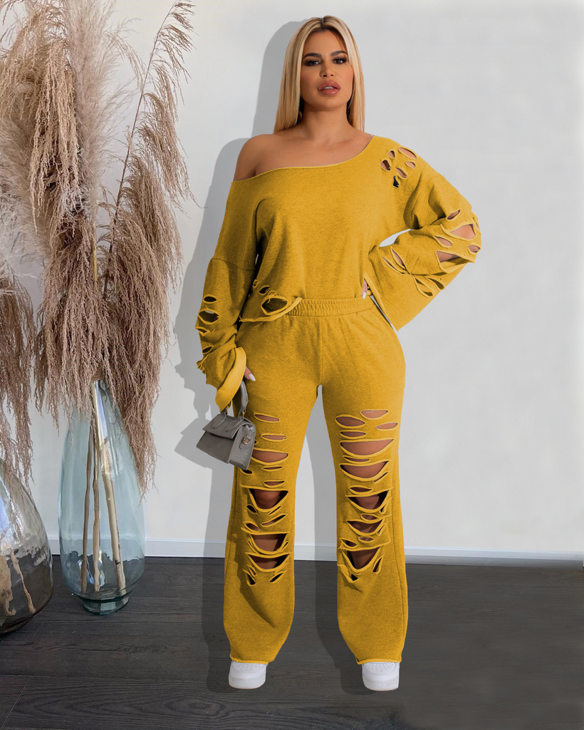 Women Solid Color Loose Long Sleeve Ripped Top And High Waist Wide Leg Pants Two-Piece Set
