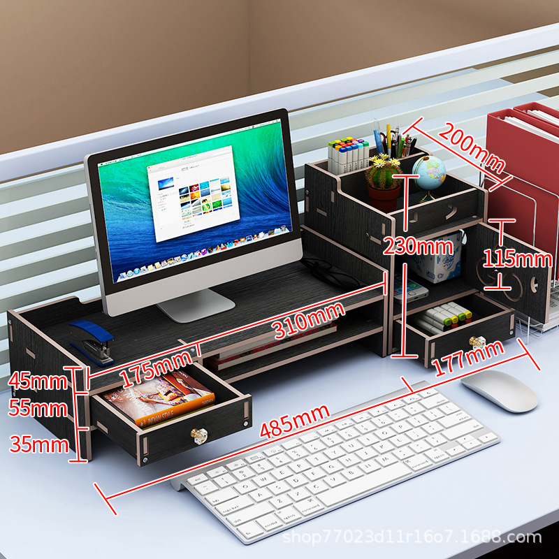 Simple And Modern Computer Monitor Elevated Shelf Wood Desktop Storage Rack Set