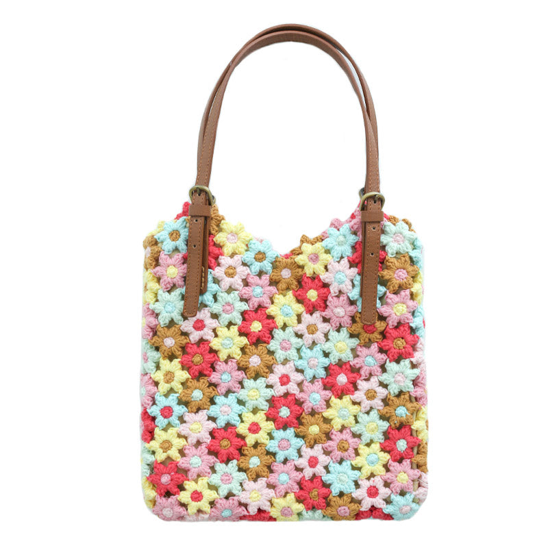 Floral Single Shoulder Bag Handmade Crochet Cotton Yarn Ball