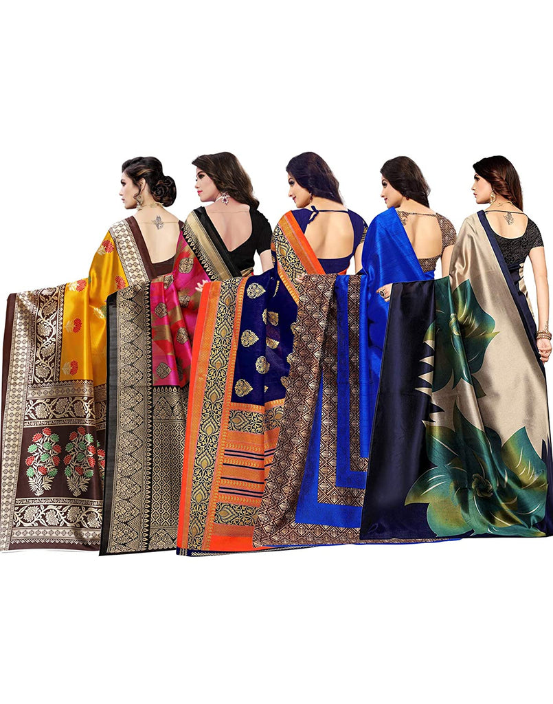 Women's Poly Silk Printed Saree Pack Of 5 - Indian Traditional Saree Wedding Dress Handmade Famous Actress Style Party Wear Free Size  Ethenic Wear Clothes For Women